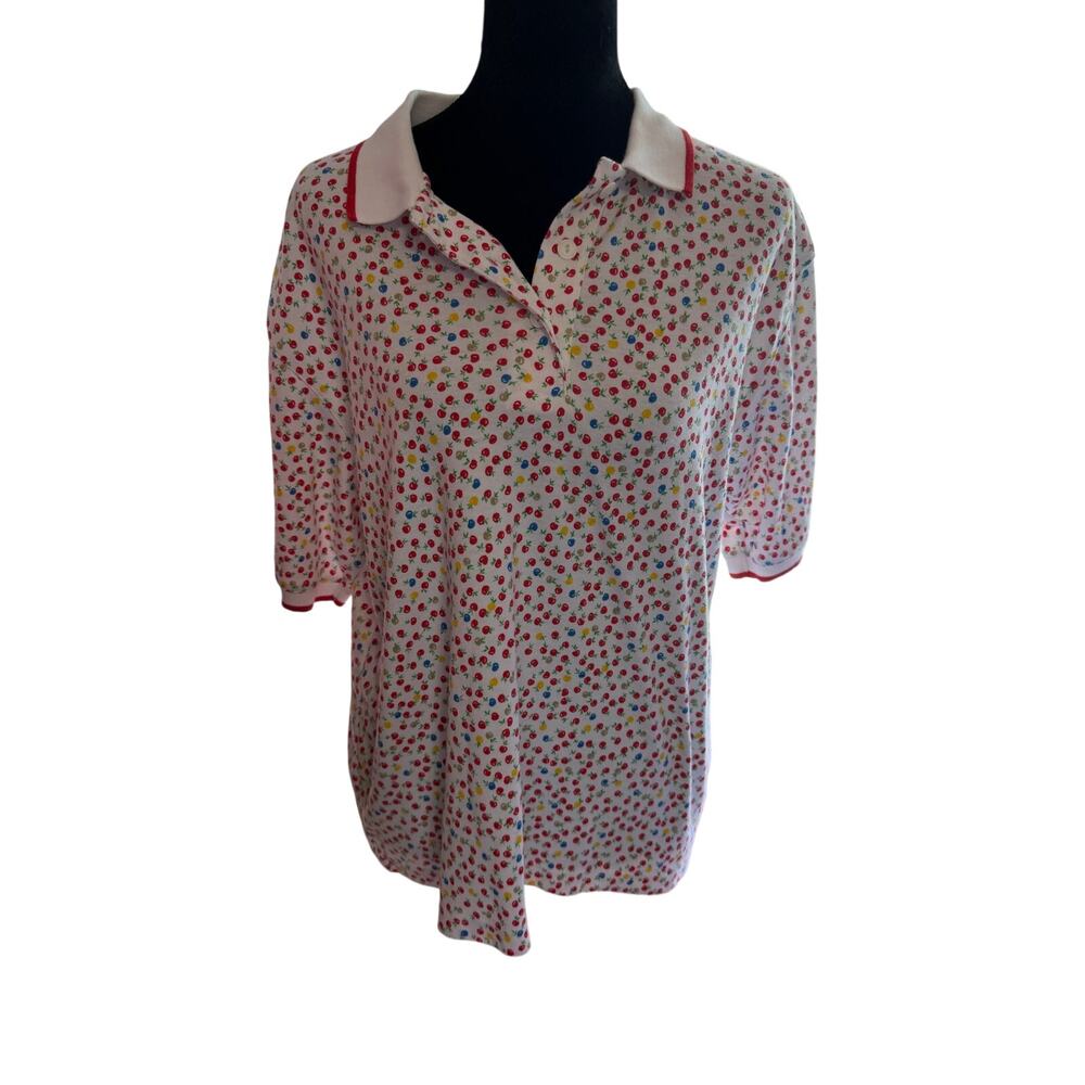 Vintage Cabin Creek Women's Large Polo Shirt Apple Fruit Print Cottagecore